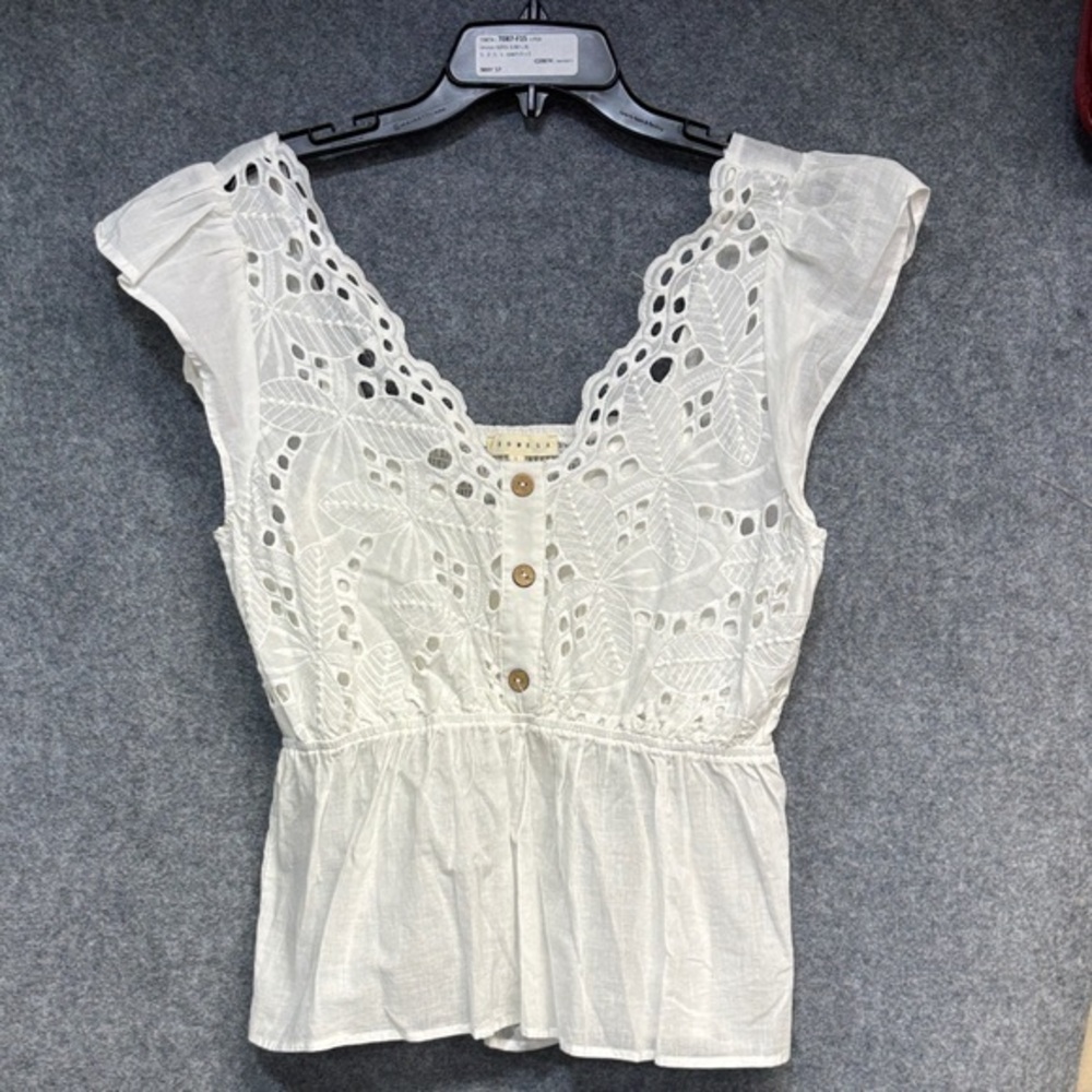 PROMESA white embroidered eyelet short flutter sleeve rayon shirt size Large